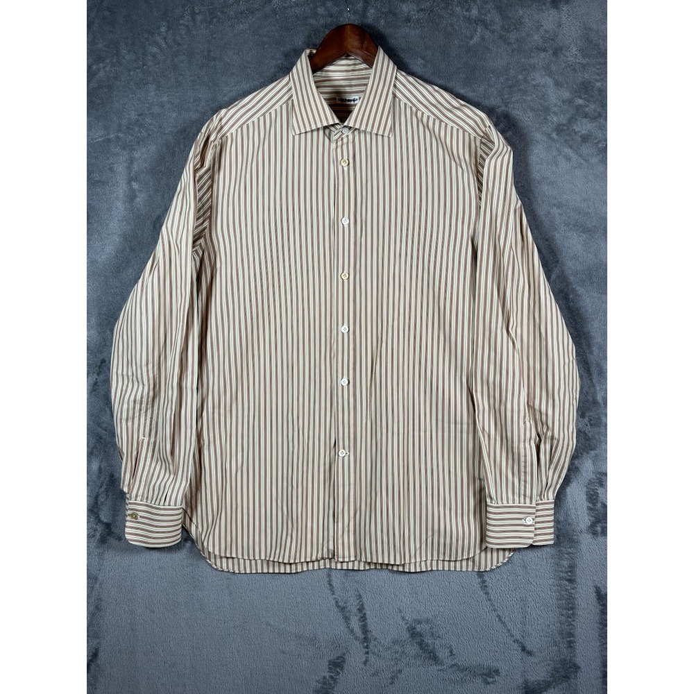 Kiton Shirt Men XXL Beige Stripe Button Up Cotton Career Casual Made In Italy
